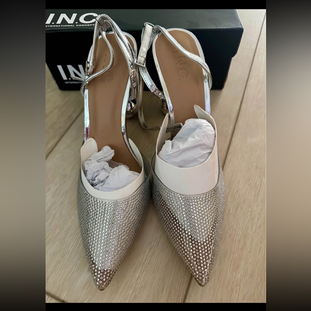 INC International Concepts Women's Sparkling Silver and White Heels